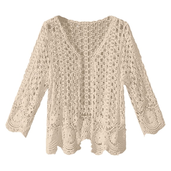 XIAONU Crochet Open Front 3/4 Sleeve Cardigan for Women Scalloped Hem Sheer Lightweight Beach Layering Top