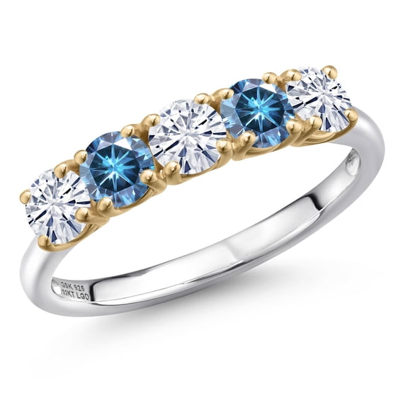 Gem Stone King 925 Silver and 10K Yellow Gold White Moissanite and Persian Blue Moissanite Wedding-Bands Ring for Women | 1.15 Cttw | Round 4MM | Gemstone Birthstone | Size 8