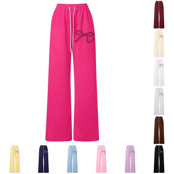 SGMVNU Girl's Baggy Sweatpants Bowknot Print Cute Wide Straight Leg Athletic Pants with Pockets Clothes for Girls, Size 6-7 Years, Hot Pink