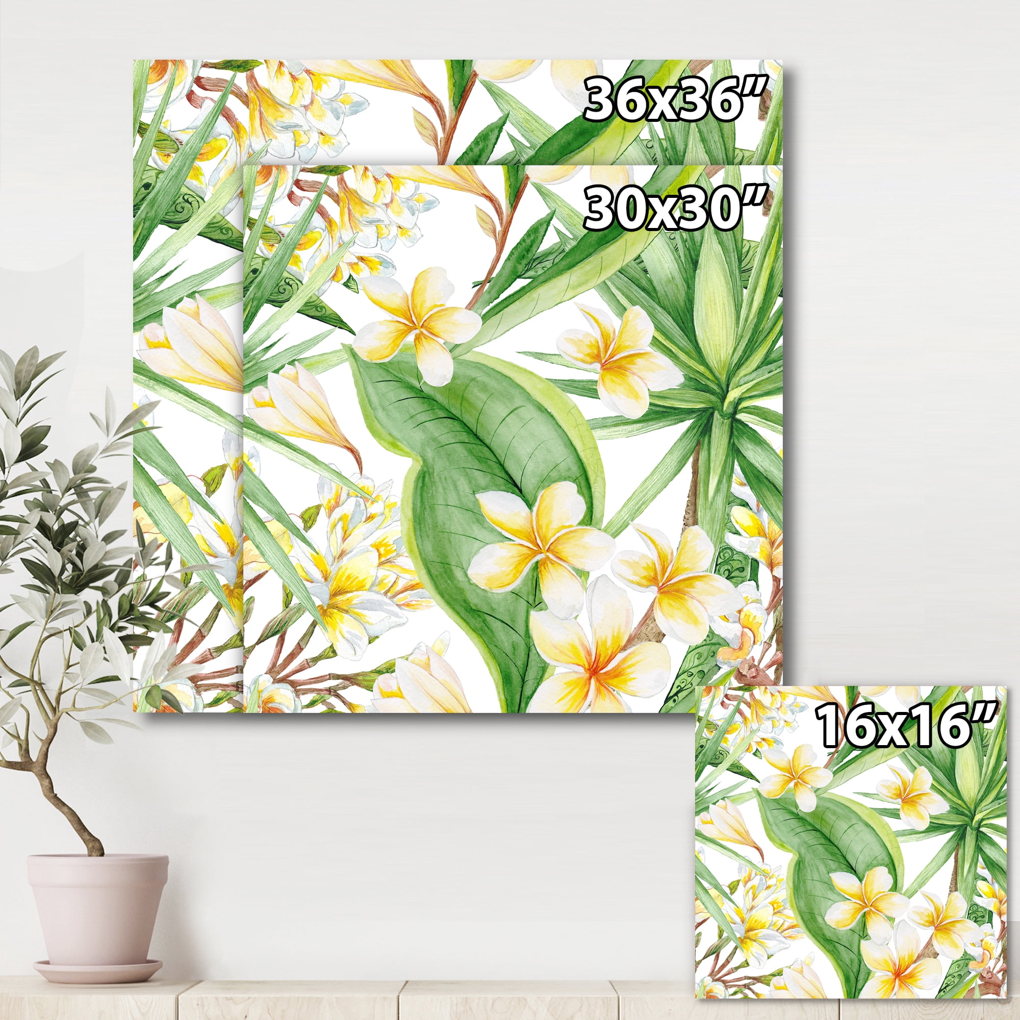 Designart ' Yellow Flowers and Tropical Foliage VII ' Modern Canvas Wall Art Print