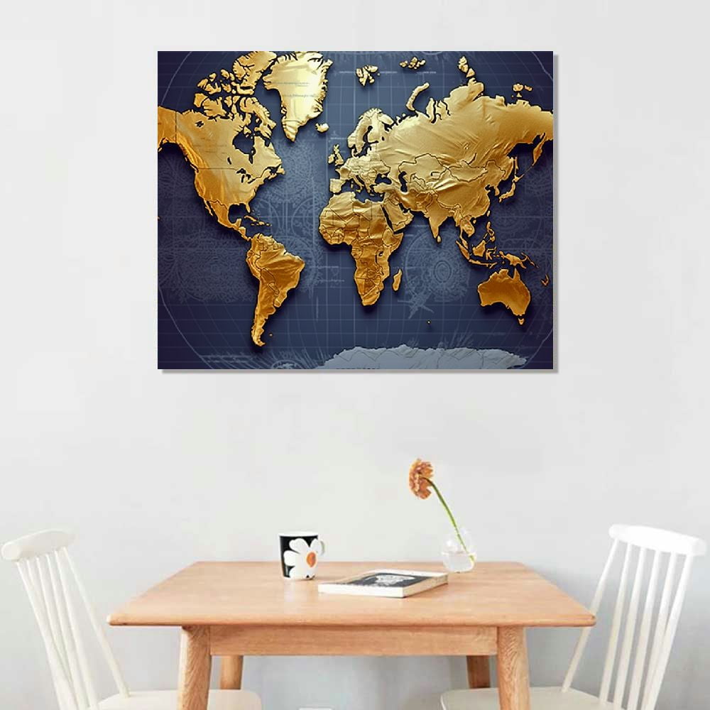 Awypu World Map Wall Art for Living Room, PIY Old Nautical Canvas Prints Decor, Retro Painting Home Decorations (Large, 1" Thick Frame, Waterproof Artwork, Bracket Mounted Ready to Hang)