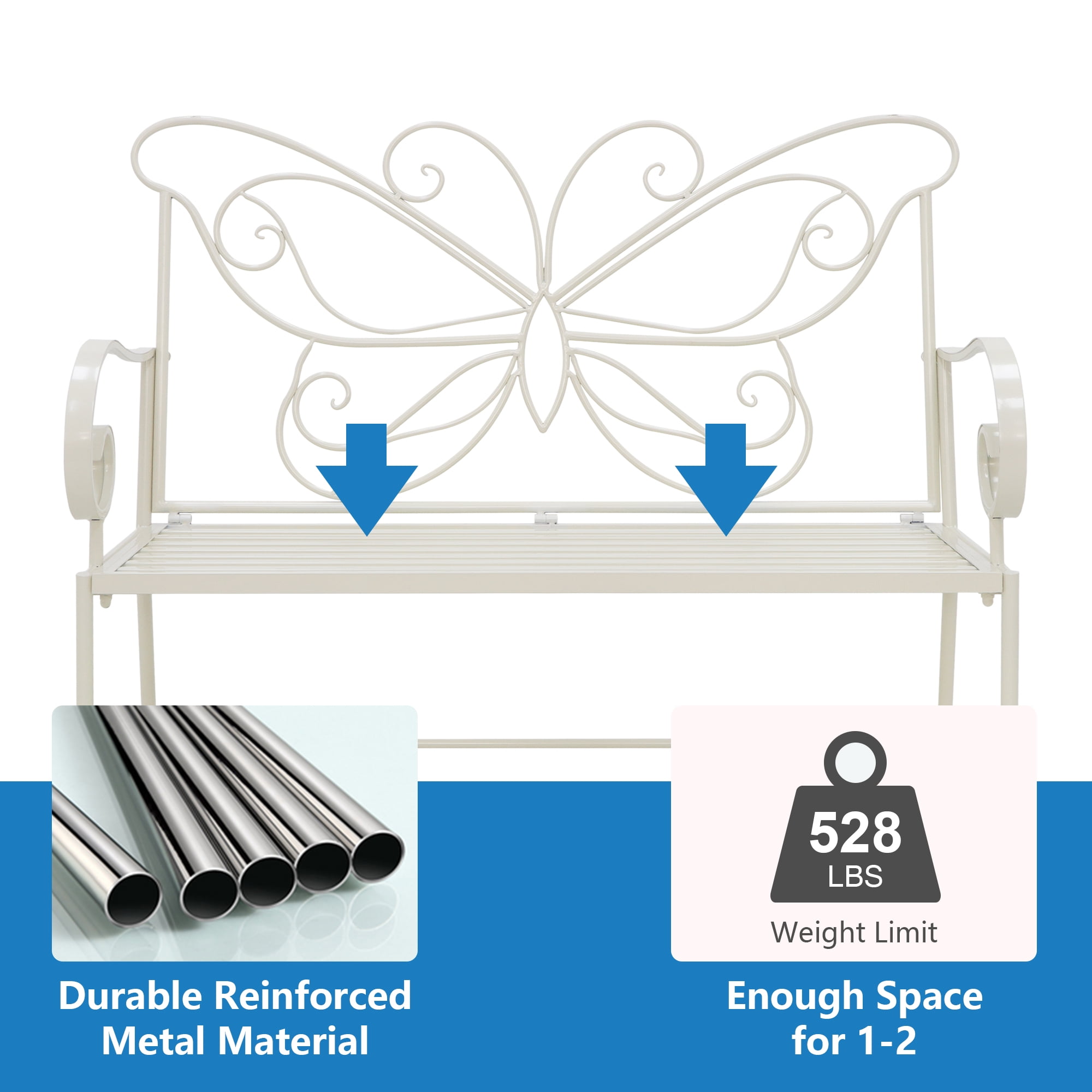 Abble 42" Outdoor Bench Metal Butterfly Design Patio Garden Bench for Porch Yard Lawn Patio Bench,  Ivory