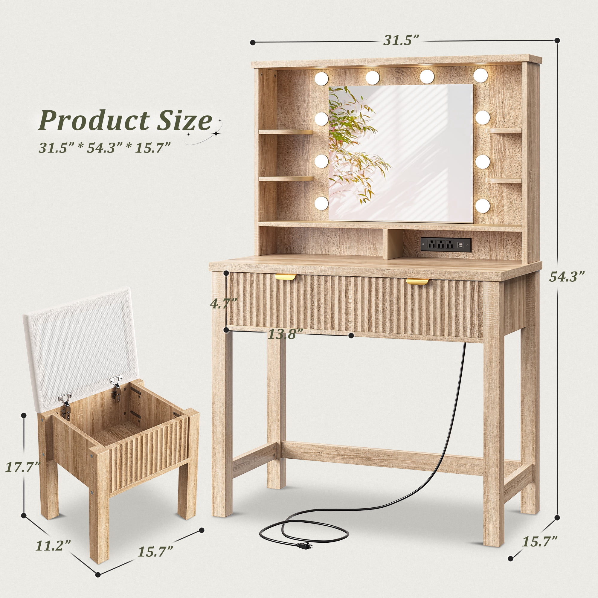 Vanity Desk with Storage Stool Fluted Dressing Table with Mirror and 3-Color Lights Vanity with 2 Large Drawers & Charging Station, Wood Color