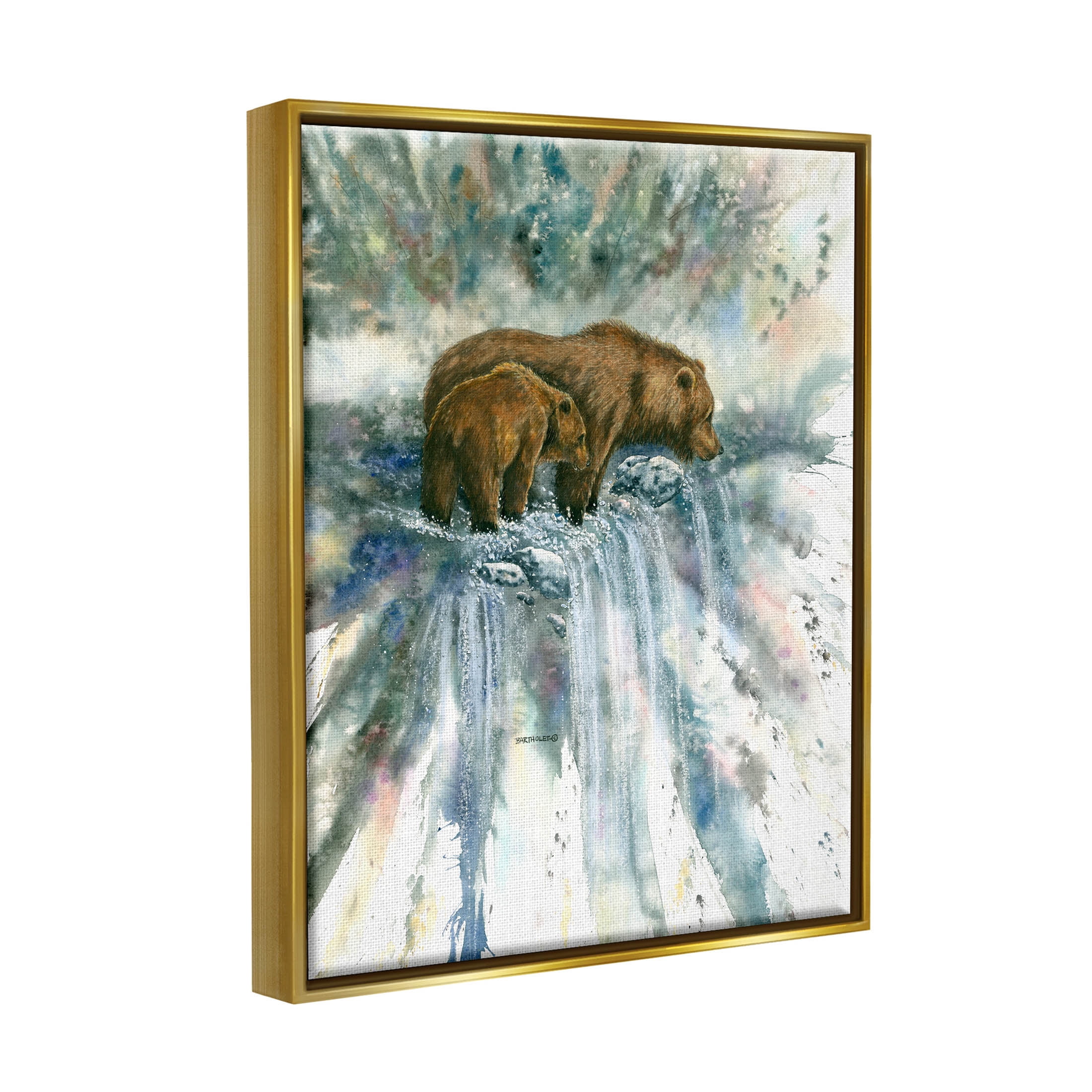 Two Bears Waterfall Nature Animals & Insects Graphic Art Metallic Gold Framed Art Print Wall Art
