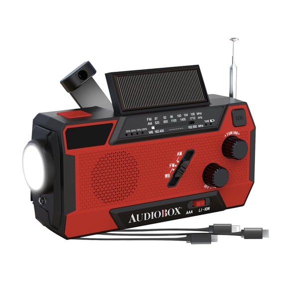 Audiobox Portable NOAA Emergency Weather Radio with AM/FM/Alerts, 4,000-mAh Power Bank, Solar/Crank/USB Recharge, SOS Alarm, Flashlight, Lamp, IXP3