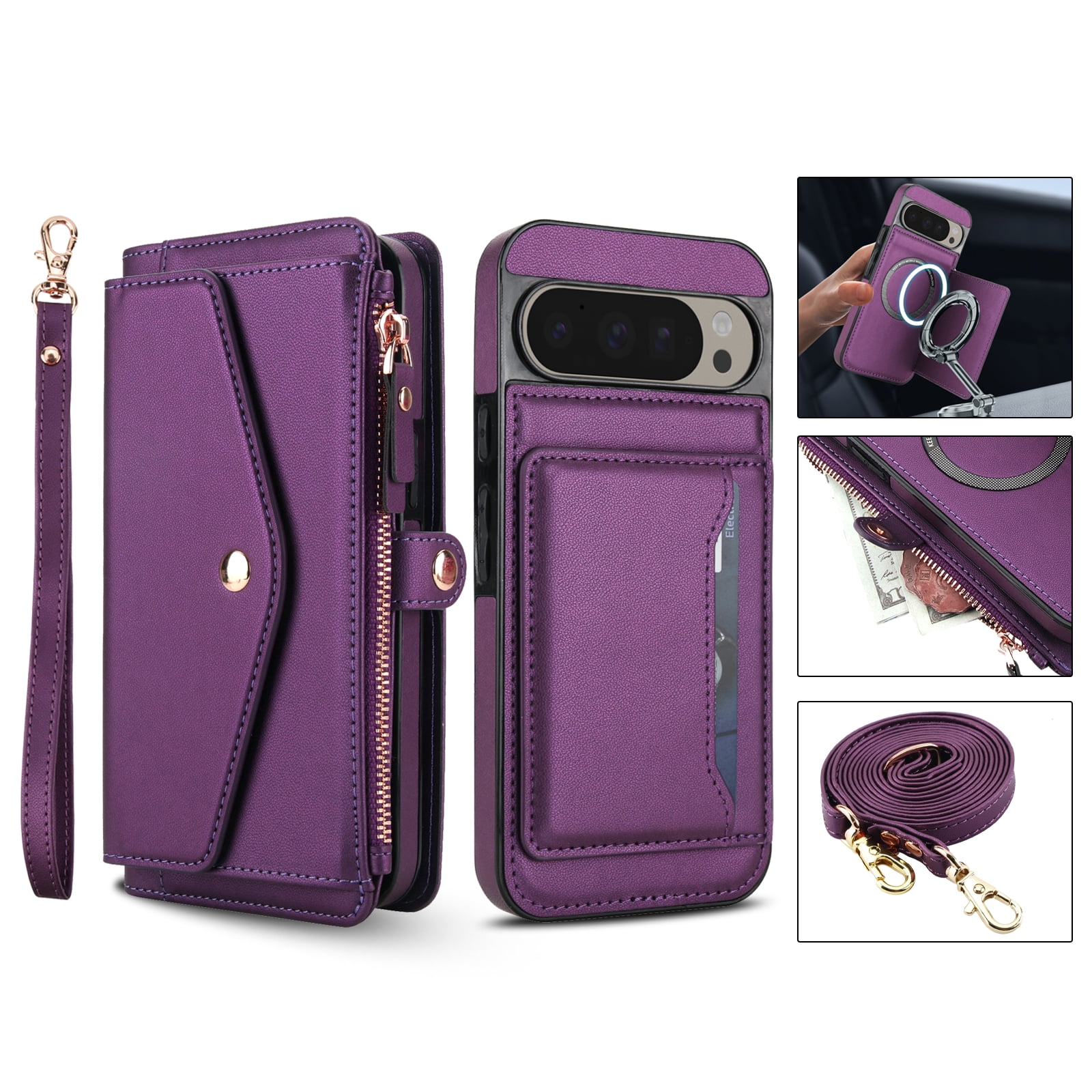 Designed for Google Pixel 8 Multi-Function Wallet Phone Case,With Shoulder Strap&Wrist Strap,Cash Pocket&Card Slots,Zipper Purse,Magnetic Detachable PU Leather Flip Phone Case,Purple