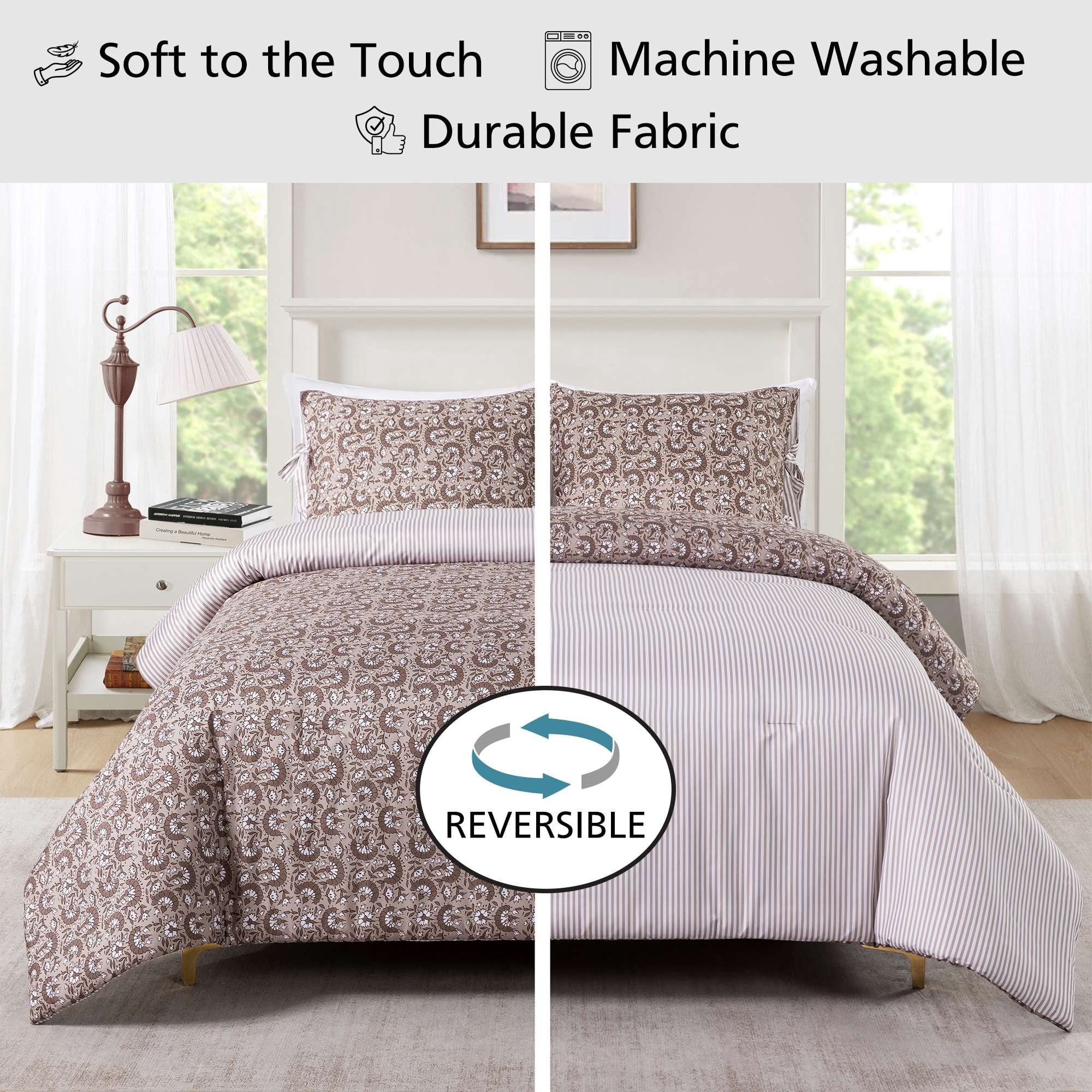 Mainstays Full/Queen Reversible Comforter Set, 3-Piece, All-Season, Tan Floral