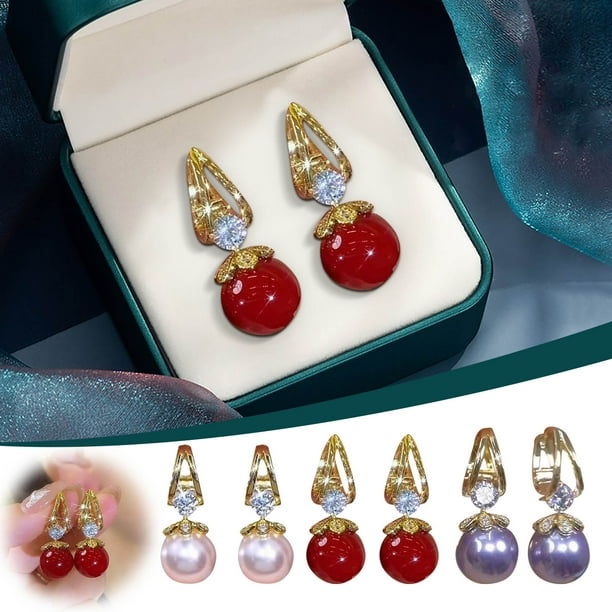 Pendientes de lazo brillante con pedrería y perlas - Pendientes colgantes elegantes de Huggie para mujer