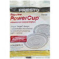 vaso concentrador de palomitas presto 09964 power pop powerc Paquete con cuatro vasos concentradores de papel PowerCup para usar con el multipopper Presto PowerPop; empaque frontal blanco y amarillo con logo Presto, texto rojo, ilustración de tapas circulares y nota que indica 32 tazas en total.