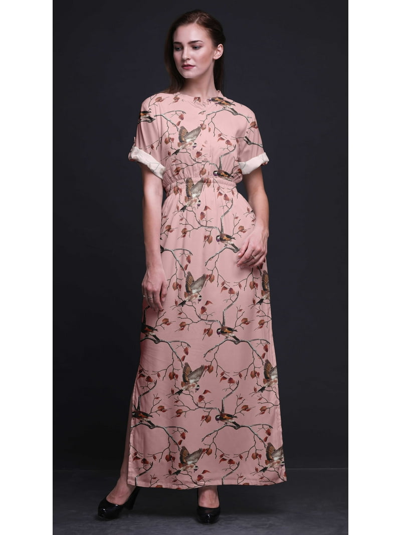 Bimba Rayon Dry Leaves & American Goldfinch Bird Smocked Waist Printed Gown  Maxi Side Slit Ladies&nbsp;Dress-XSmall - Walmart.com