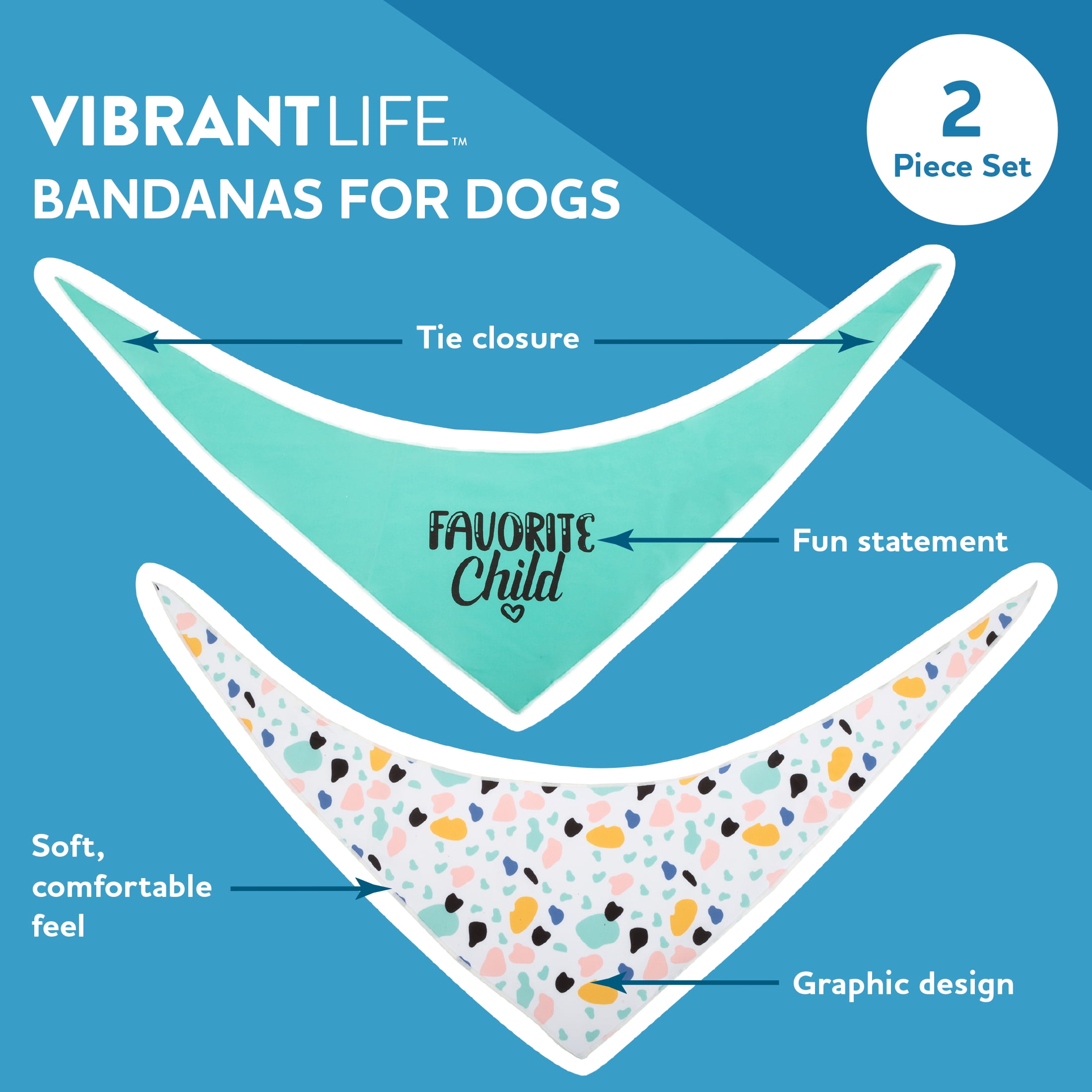 Vibrant Life Favorite Child Dog Bandana, 2 Pack, Multicolor, XS