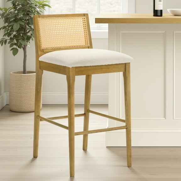 Tobias Coastal Modern Wood Bar Height Kitchen Bar Stool in Amber Glow Finish with White Boucle Fabric Upholstered Seat