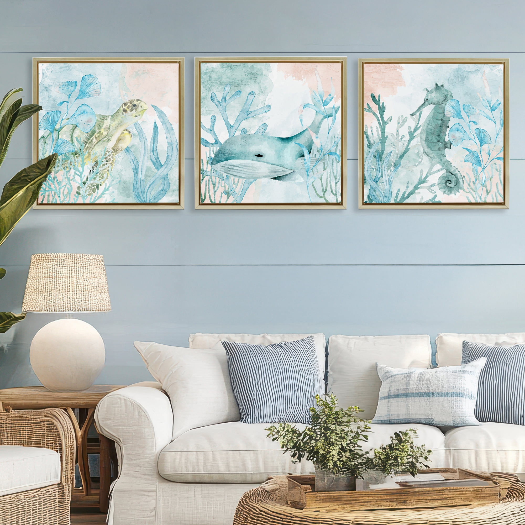 Stupell Industries Aquatic Animals Sea Swim 3 Piece Gold Framed Floater Canvas Set, design by Kim Allen