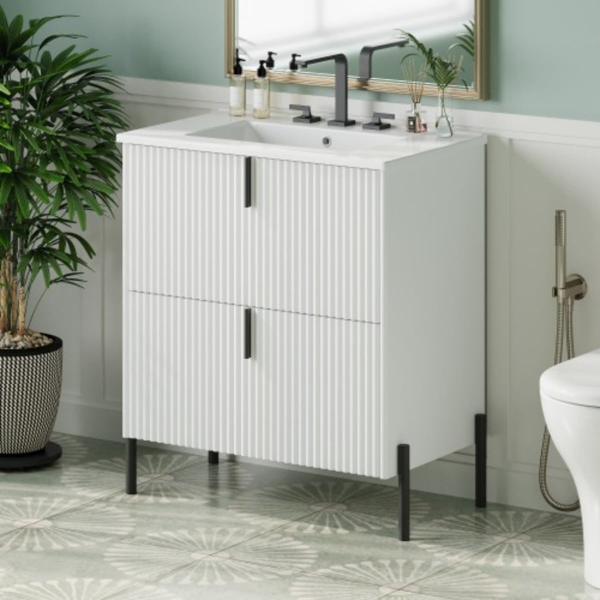 30" Bathroom Vanity with Ceramic Sink, Freestanding Bathroom Cabinet with Full Extension Drawers, Soft Close Slides, Fluted Design, White