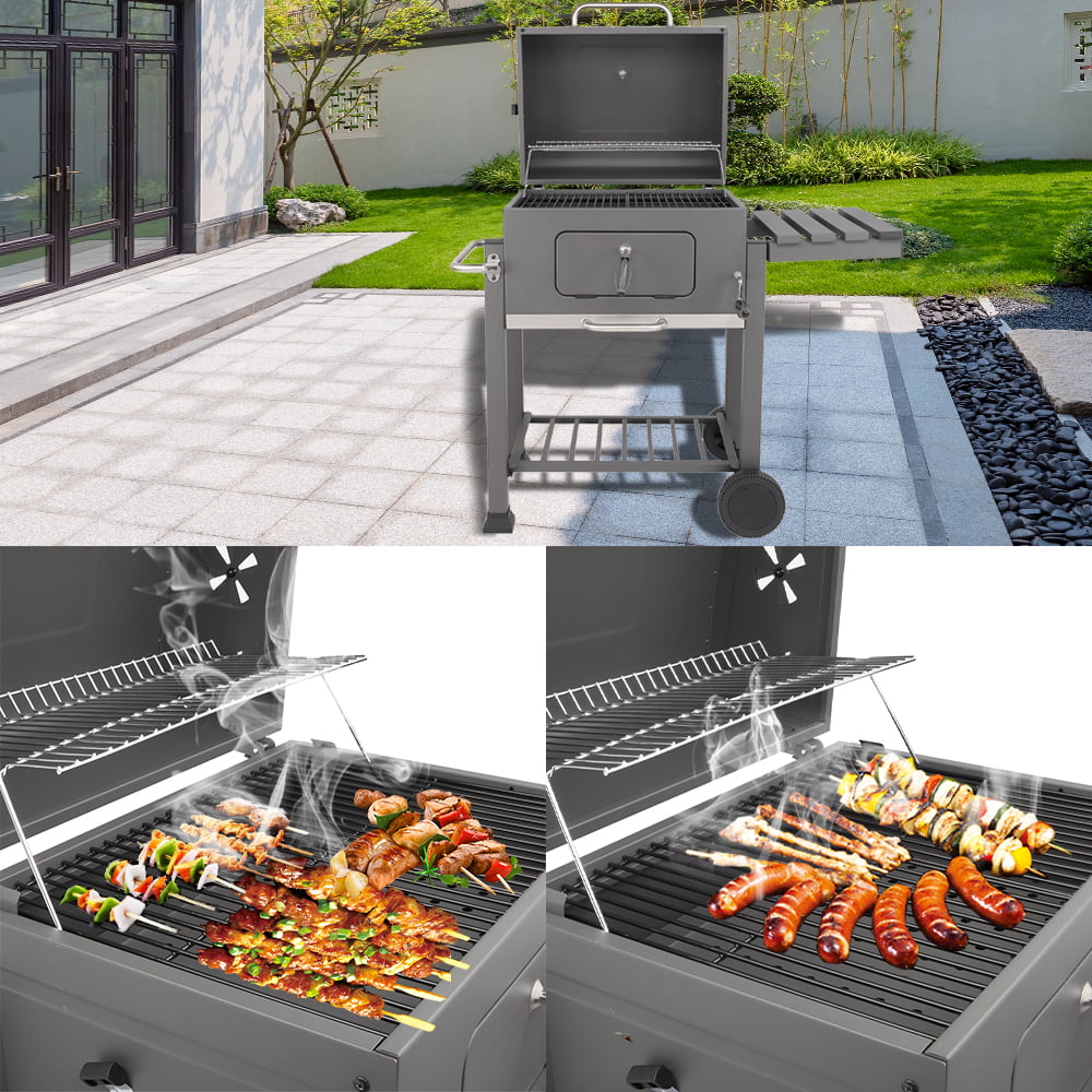 Portable Charcoal Grill, Cast Iron Grill with Wheels & Folding 