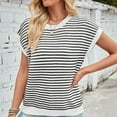 thumbnail image 7 of Elvqul Tops for Women Cotton Round Neck Sweater White Casual Pullover Stripe Print Juniors Short Sleeve Tops, 7 of 7