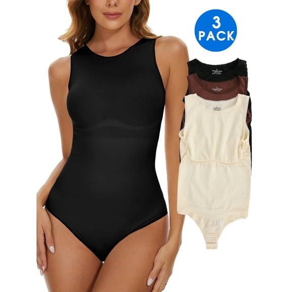 MISS MOLY 3 Pack Waist Trainer Bodysuit for Women Sleeveless Racerback Shapewear Slim Fit Thong Tank Tops