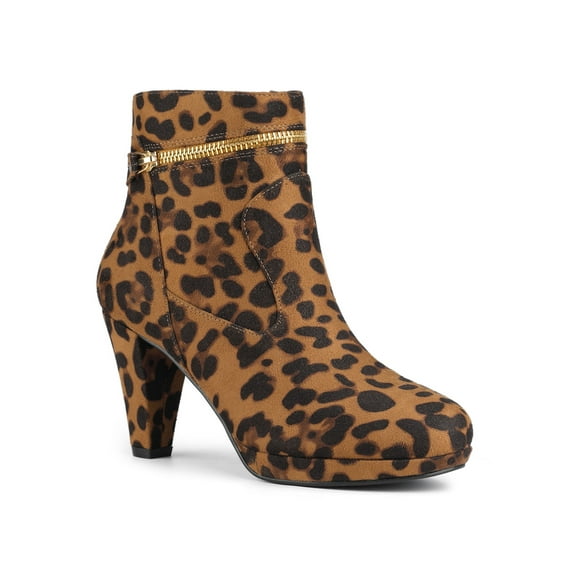 BLISSFUL STEP Women's Ankle Boots Faux Suede Round Toe Block Heel Side Zipper Dress Boots Leopard-1 9.5