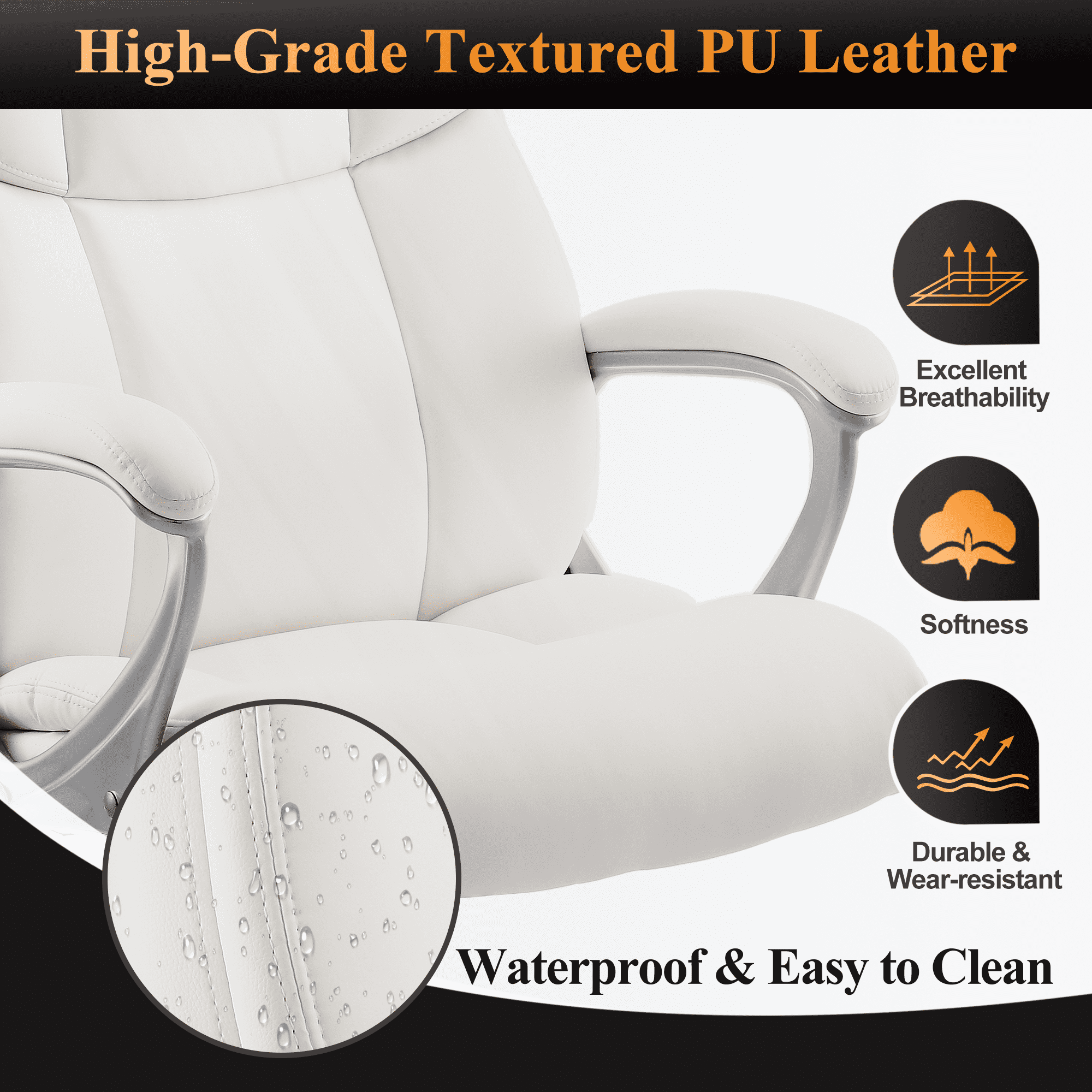 Medium-Back Office Chair Leather Computer Desk Chair with Lumbar Support for Adult,White