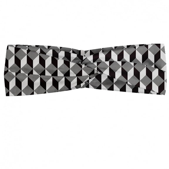 Geometric Headband, Herringbone Zigzags Stacked Cubes Pattern Greyscale Illustration, Elastic and Soft Women's Bandana for Sports and Everyday Use, Grey Red Coconut, by Ambesonne