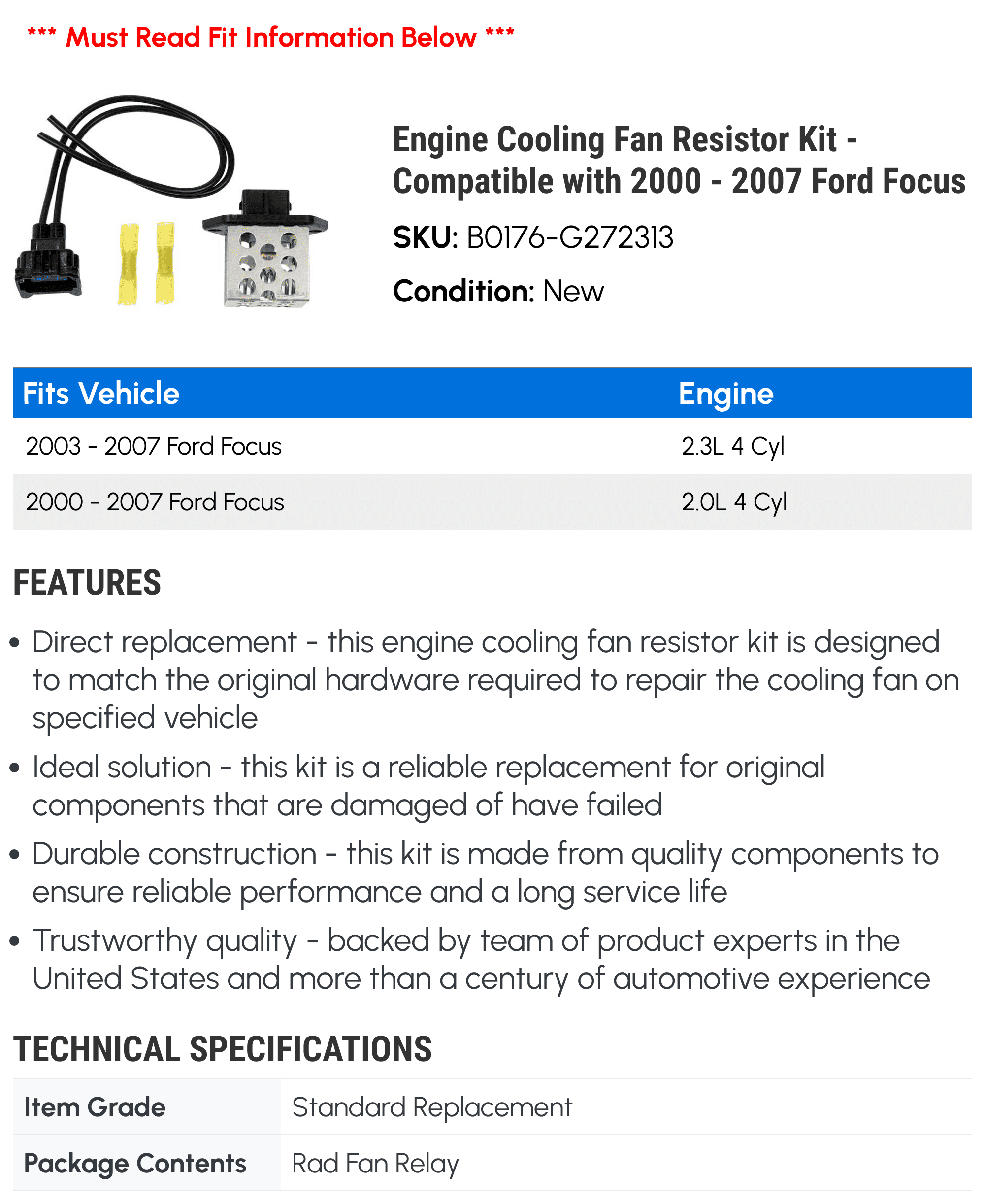 Engine Cooling Fan Resistor Kit - Compatible with 2000 - 2007 Ford Focus 2001 2002 2003 2004 2005 2006