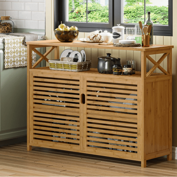 VIAGDO Kitchen Buffet Sideboard, Bamboo Storage with 2 Doors and Display Shelves, Bamboo