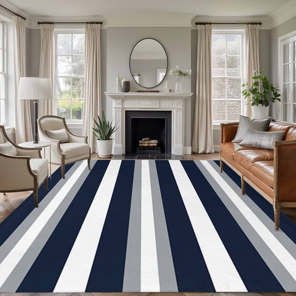 Navy Blue Gray Stripe Area Rugs 6x9 for Living Room, Modern Farmhouse Horizontal Striped Non Slip Washable Rug Runner, Low Pile Indoor Floor Carpet Mat Bathroom Rugs for Bedroom, Kids Room