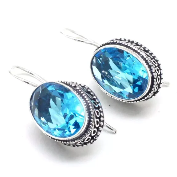 Swiss Blue Topaz Gemstone 925 Sterling Silver Vintage Jewelry Earring Size -1.50