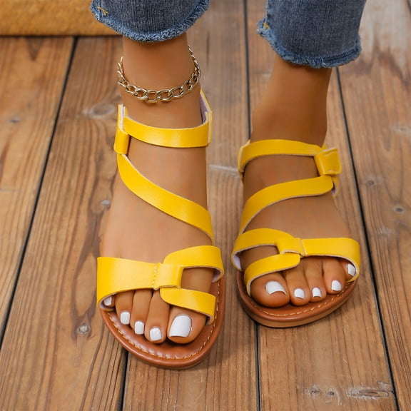 Women Strappy Flat Sandals Fashion Open Toe Leather Slippers Casual Comfortable Outdoor Non Slip Beach Summer Slide Shoes Yellow 40