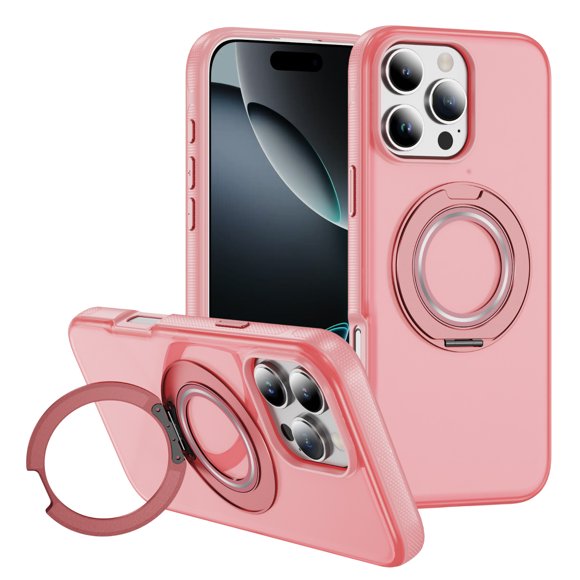 For iPhone 16 Pro Phone Case,Built-in 360° Rotatable Ring Kickstand,Matte Frosted Translucent Back Design,Compatible with Mag-Safe,Shockproof Anti-Scratch Protection Phone Case,Pink