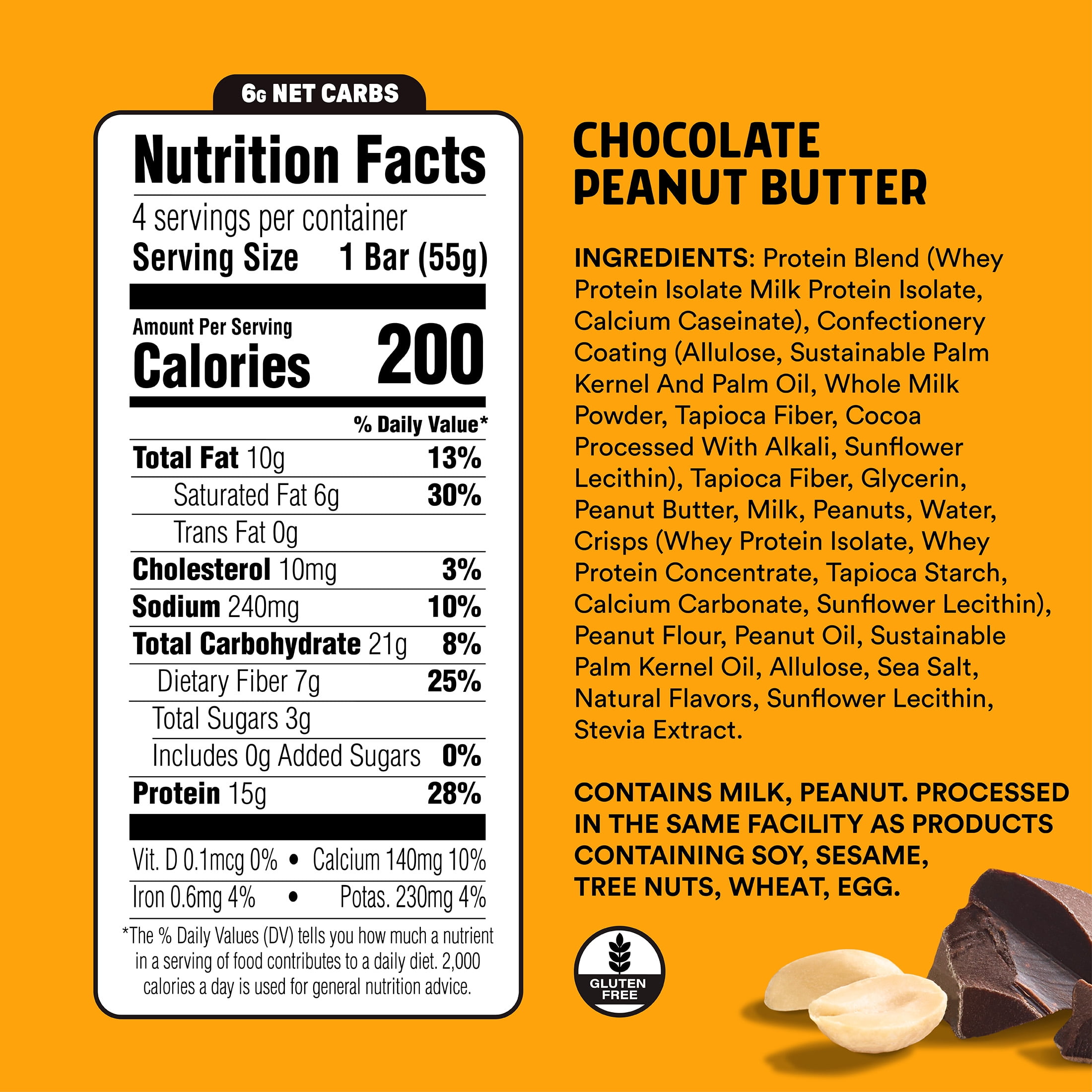 JUNKLESS Peanut Butter Chocolate Protein Bar, 15 g Protein, High Fiber, Gluten Free, 1.9 oz, 4 Count