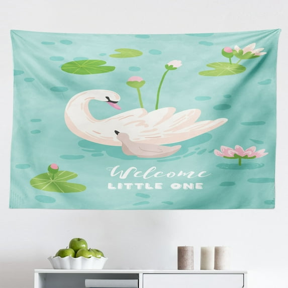Swans Tapestry, Repetitive Aquatic Royalty Bird with a Crown, Fabric Wall Hanging Decor for Bedroom Living Room Dorm, 2 Sizes, Pale Pink Cream, by Ambesonne