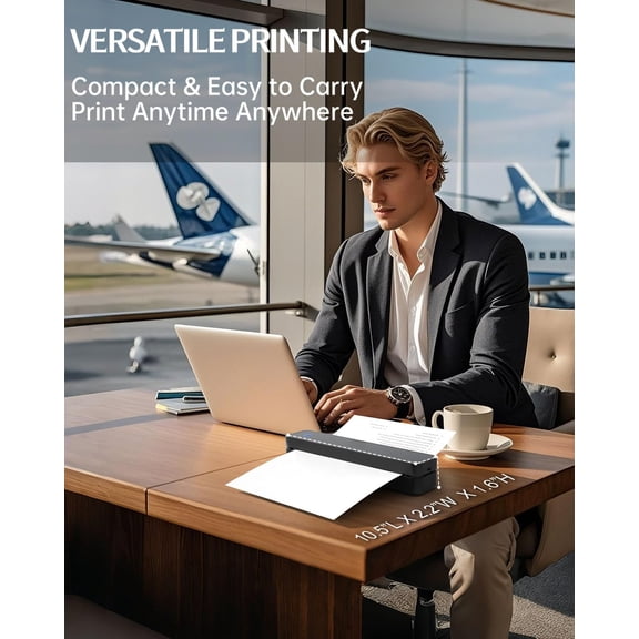 Inkless Portable Thermal Printer, 300 DPI Wireless Bluetooth Printer for Travel, Supports US Letter & A4, Compatible with iOS Android & Laptops for Home Office Car