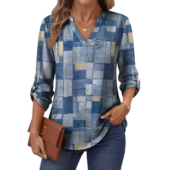 Fantaslook Roll Up Blouses for Women Dressy Casual Long Sleeve Tunic Tops V Neck Shirts Work Blouses