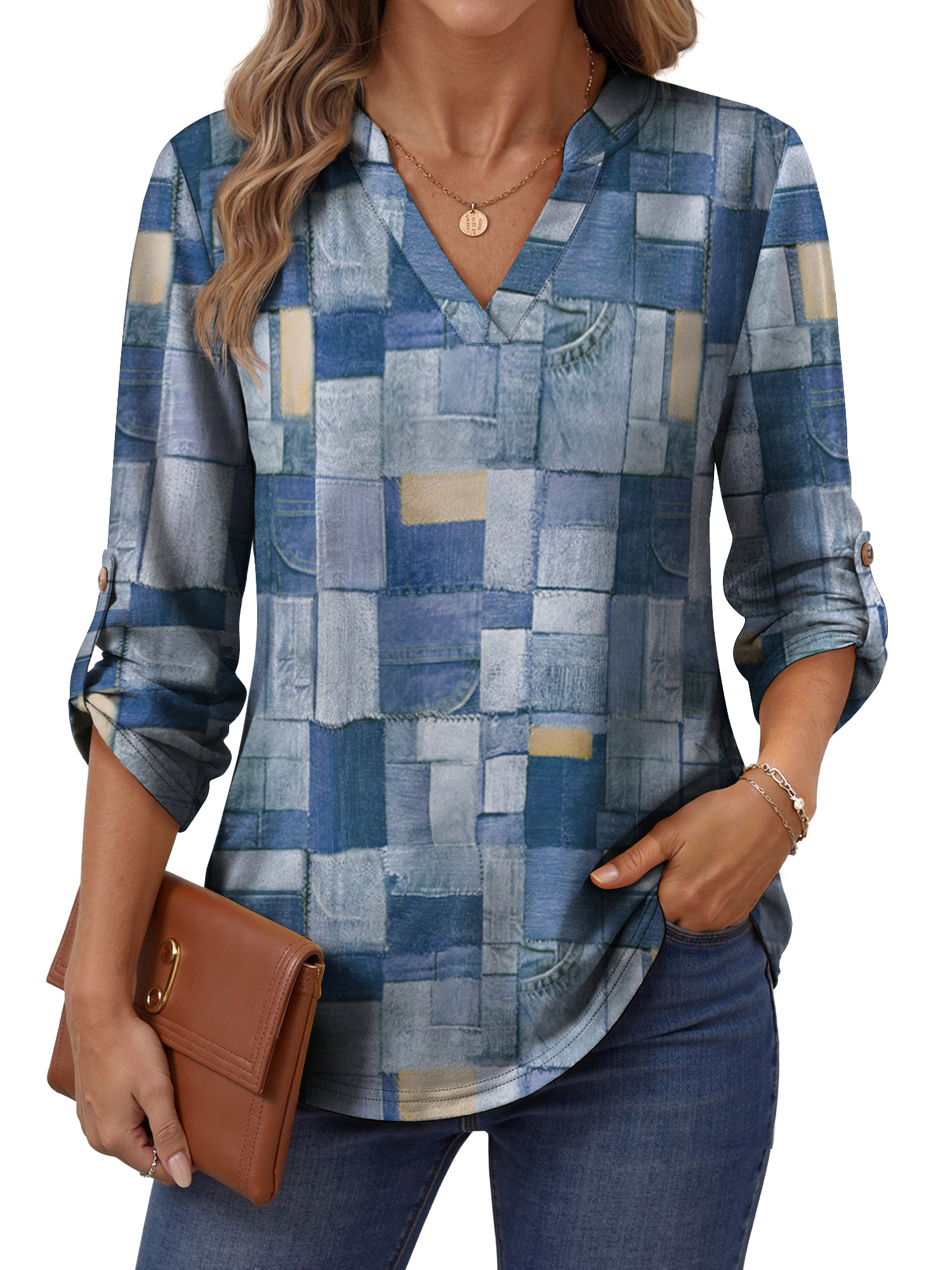 Fantaslook Roll Up Blouses for Women Dressy Casual Long Sleeve Tunic Tops V Neck Shirts Work Blouses