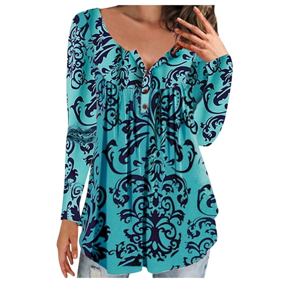 Askfv Women's Plus Size V Neck Tops Long Sleeve Swing Tunic Shirt Flowy Henley Casual Blouse Tops