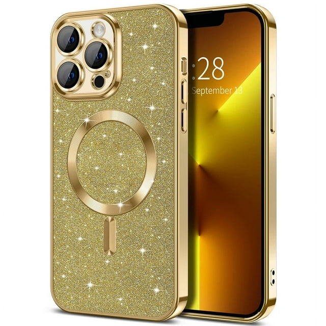 Electroplate With Lens Protector Case For iPhone 15 14 13 12 11 16 Pro Max Plus For Magsafe Wireless Charge Bumper Glitter Cover Gold For iphone16Pro