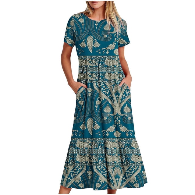 Dvkptbk Robes d'Été pour Femmes 2024 Mode Décontractée Bohème à Fleurs Robes de Plage Manches Courtes Col Rond Robe d'Été Fluide Maxi Robe de Plage Longue Robe Midi de Plage avec Poches P-2TG