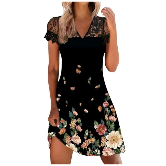 Mode Dress pour Women Casual Sexy V-Cou Robes d'Impression Summer Manches Courtes Pull Dentelle Patchwork Dress