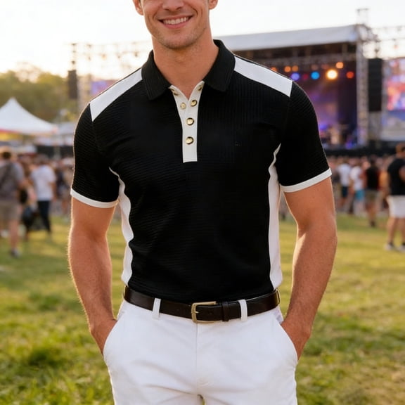 Polo T Shirts for Men Short Sleeve Color Block Business Fit Structured Collar Modern Golf Slim Work Mens Dress Shirts Black L