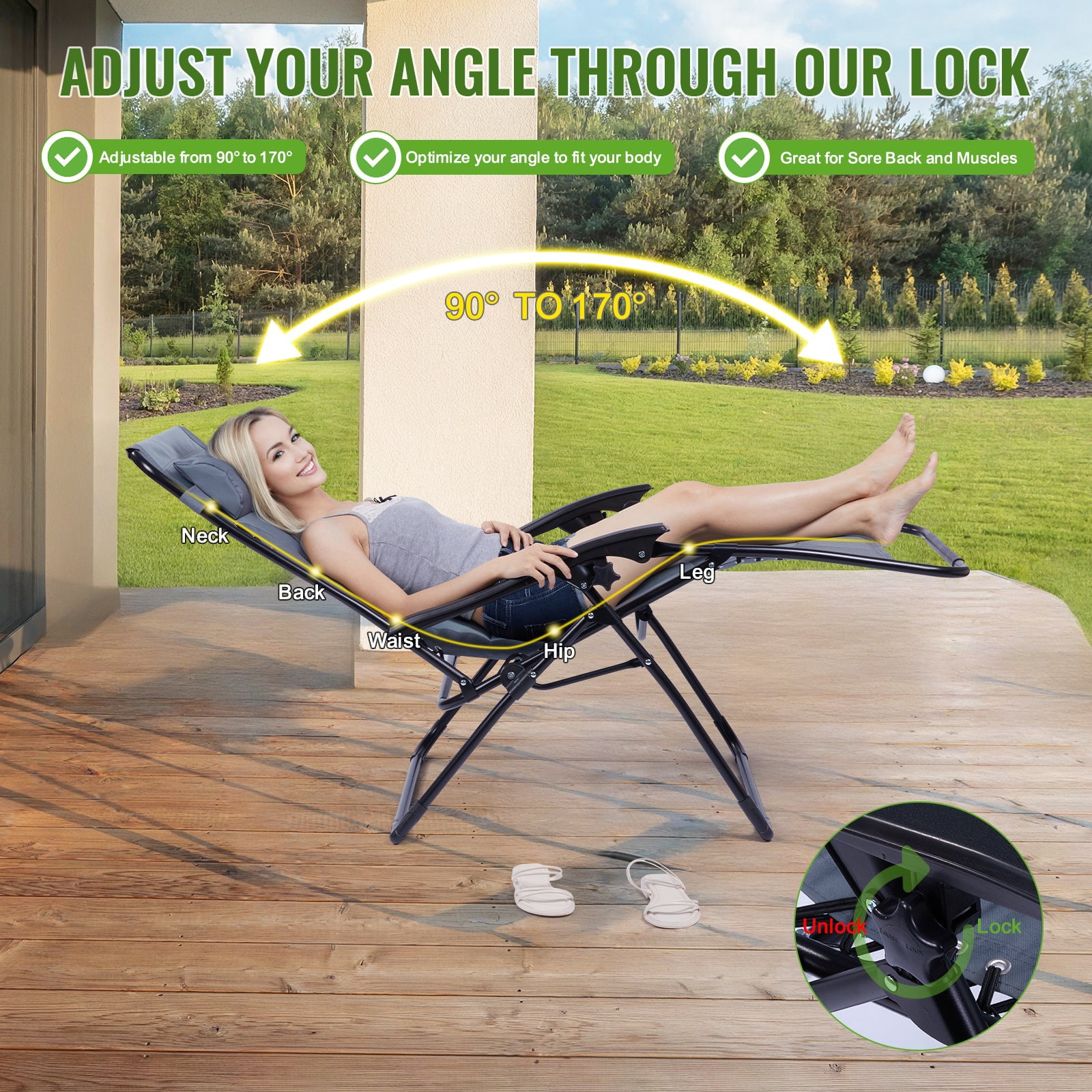 Backyard Expressions Deluxe XL Padded Recliner Zero Gravity Chair – Ergonomic Anti Gravity Lounger with Folding Design, Side Tray, and Adjustable Headrest