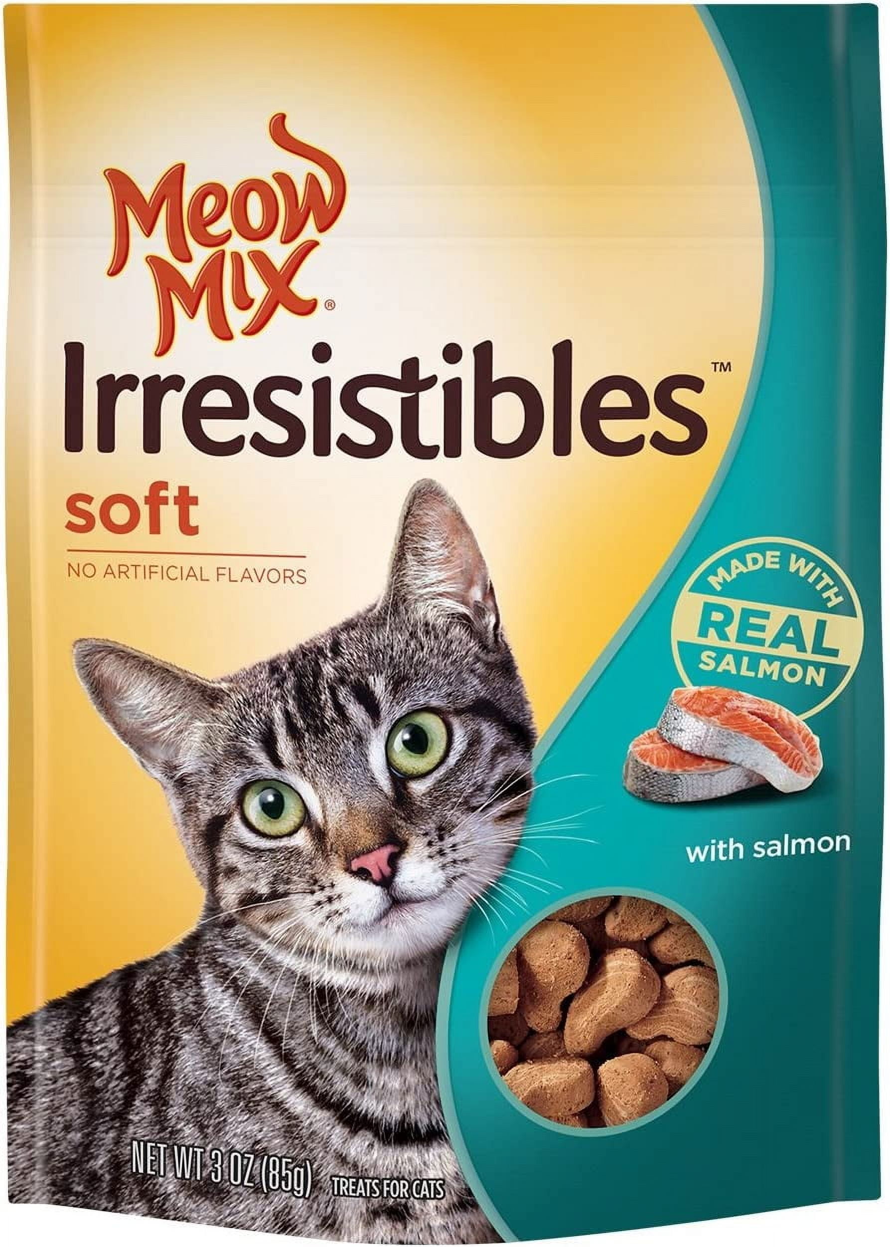(4 pack) Meow Mix Irresistibles Cat Treats, Soft with Salmon, 3-Ounce Bag