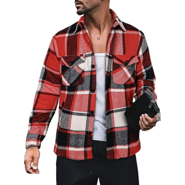 LUXUR Men With Pockets Tunic Shirt Single Breasted Outdoor Shirts Jackets  Red White M