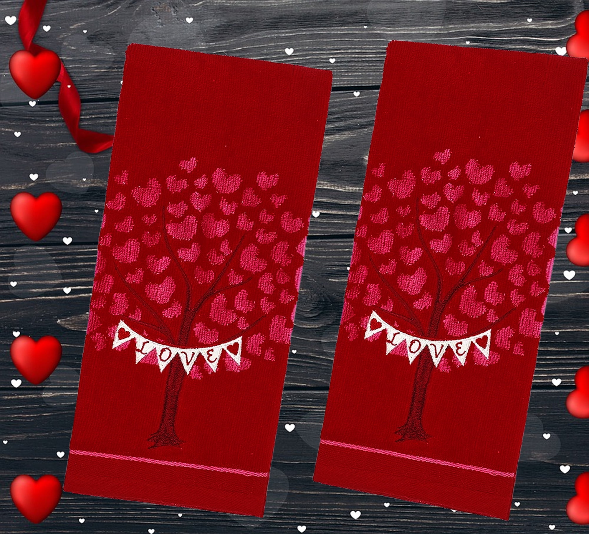 Celebrate  Valentine Bath Hand Towels Red Tree of Love Hearts Bathroom 2 Pieces