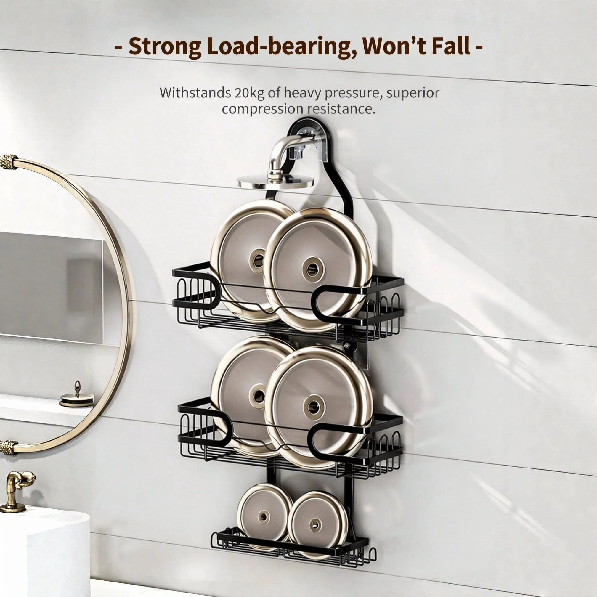 Charcrocsm Shower Caddy, Rustproof Aluminum Bathroom Shelf Rack, Large Shampoo & Soap Holder for Corner or Over-The-Showerhead Installation