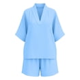 thumbnail image 5 of Cagogo Women Plus Size 2 Piece Set V Neck 3/4 Sleeve Shirt Shorts Casual Solid Loose Travel Outfits Lounge Tracksuits Summer Cruise Clothes Matching Lounge Sets, Blue 3XL, 5 of 8