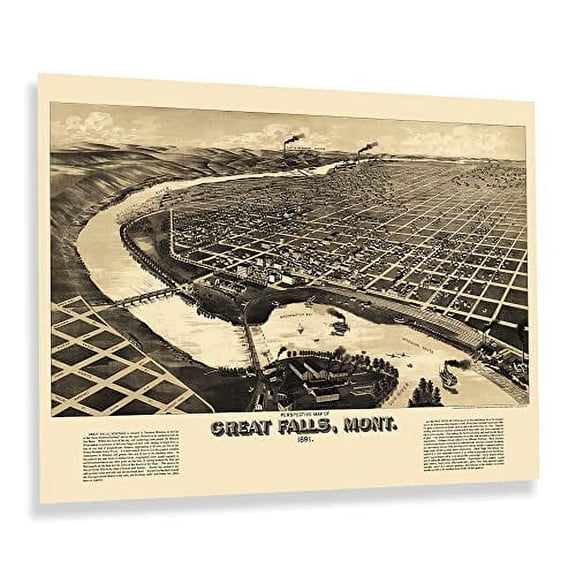 HISTORIX Vintage 1891 Great Falls Montana Map Poster - 18x24 Inch Bird's Eye View of Great Falls City Montana Map Wall Art - Old Wall Map of Montana