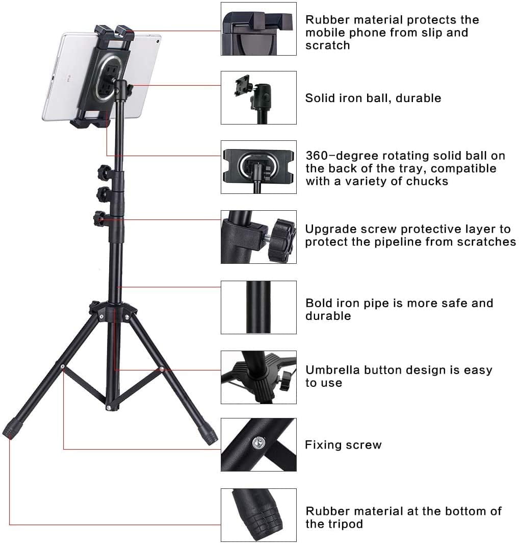 Tablet Tripod for iPad Floor Stand,iPad Pro Tripod Mount for Video Recording,iPhone Holder Stand w. Remote Aluminum 360 Rotating Adjustable 68" Tall Tripod for iPhone 13 Pro Max/Projector/Camera