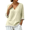 thumbnail image 2 of Qzwdhjm Linen 3/4 Sleeve Tops for Women V Neck Loose Fit Shirts with Frayed Hem Summer Fall Casual Blouses for Dailywear, 2 of 8