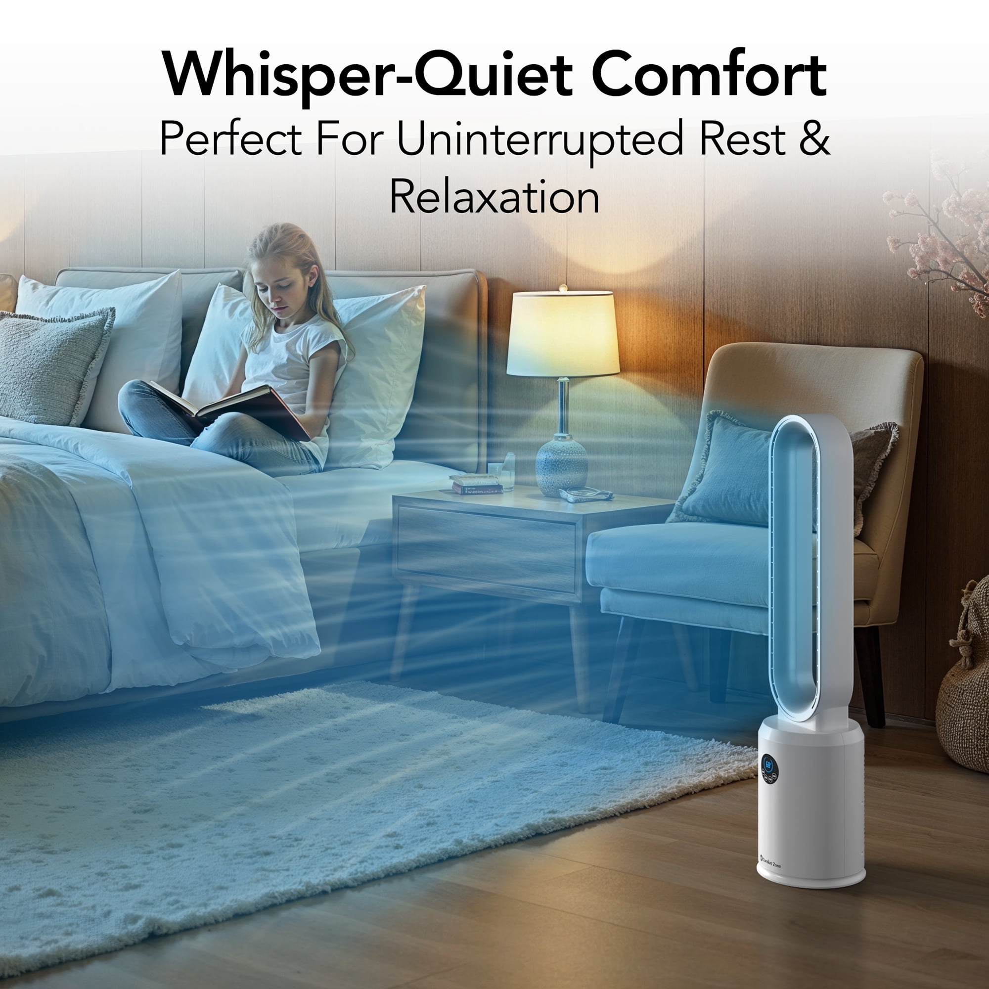 Comfort Zone 40" Bladeless Tower Fan with Remote Control, 9H Timer, White